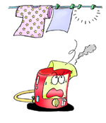 洗濯物が困った顔をしたストーブに落ちて煙が出ているイラスト