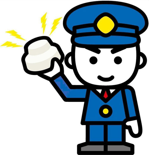 なり響く火災報知器を右手で掲げた警察官のイラスト