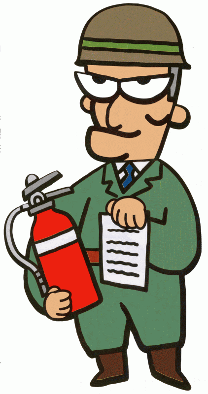 目付きの悪い点検業者が消火器と書類を持っているイラスト
