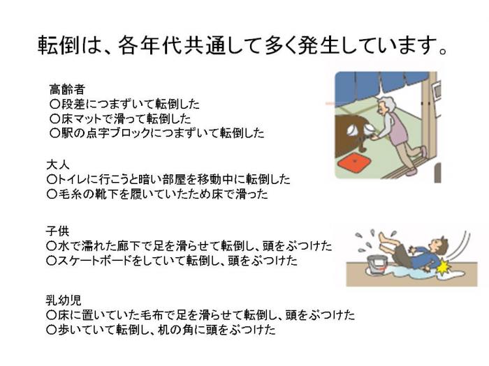 高齢者・大人・子供・乳幼児が扉のレールや濡れた床で転んでいる場面を説明しているイラスト 詳細は以下
