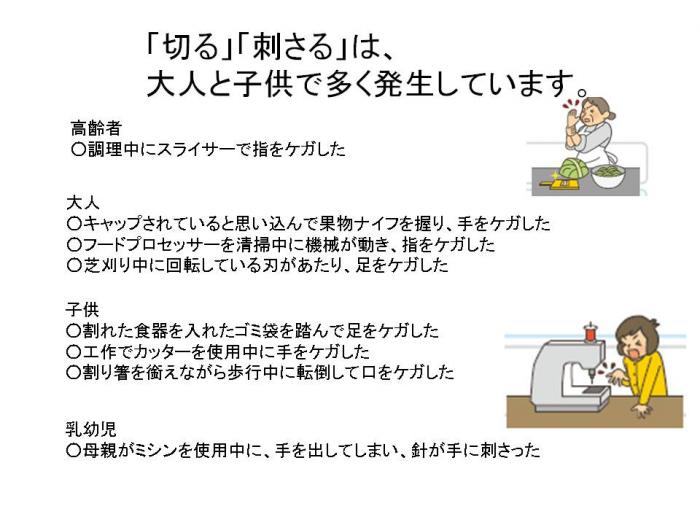 高齢者・大人・子供・乳幼児が包丁やミシンで怪我をしている場面を説明しているイラスト 詳細は以下