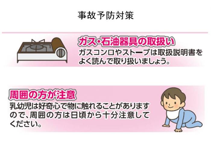 やけどの事故予防対策を説明しているイラスト 詳細は以下