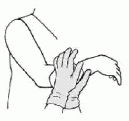 ビニール手袋を着用した人がもう一人の腕にガーゼを当てて圧迫しているイラスト