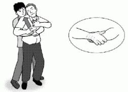 後ろから前の人の腹部を両手を使って押し上げている男性のイラスト