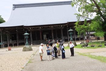 御堂前の、石灯籠の間の広い砂利道を、観光客たちが歩いている写真