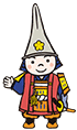 左手に刀を携えて右手を広げて何かを案内するようなしぐさを見せる利長くんのイラスト