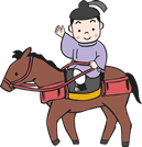 大きな茶色の馬に乗り、得意げに右手を広げる家持(やかもち)くんのイラスト