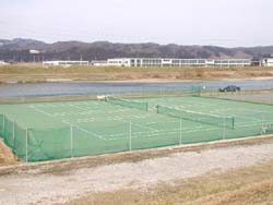茶色い砂の広がる地面に白線の引かれた緑のテニスコートが設置されている写真