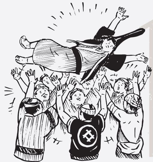民衆に胴上げされる、着流しに兜姿の前田利長公のイメージイラスト