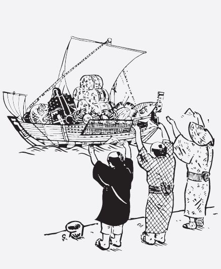 積荷満載の北前船を港から見送る民衆のイメージイラスト