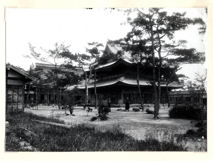 高岡山瑞龍寺佛殿の写真。広い庭に数本の木が立っている。