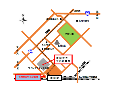 高雄市立中央図書館と市営高岡駐車場の所在地を示した地図