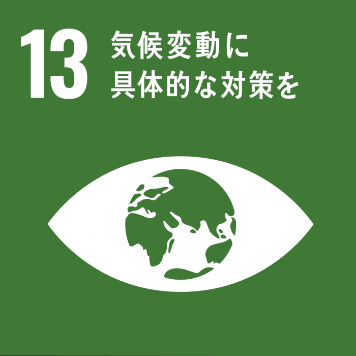 SDGsのゴール13のスローガン「気候変動に具体的な対策を」と、地球を瞳として表したアイコンが描かれているイラスト