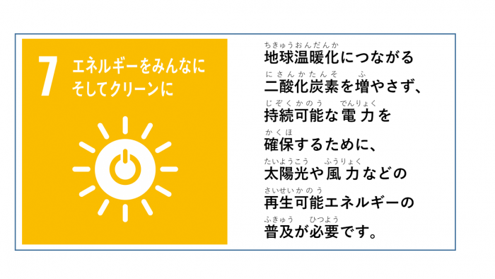左側にSDGsのゴール7のスローガンとアイコン、右側に課題が記載されたイラスト