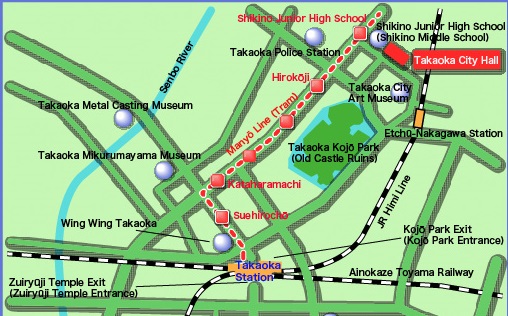 英語で書かれた高岡市役所付近の地図