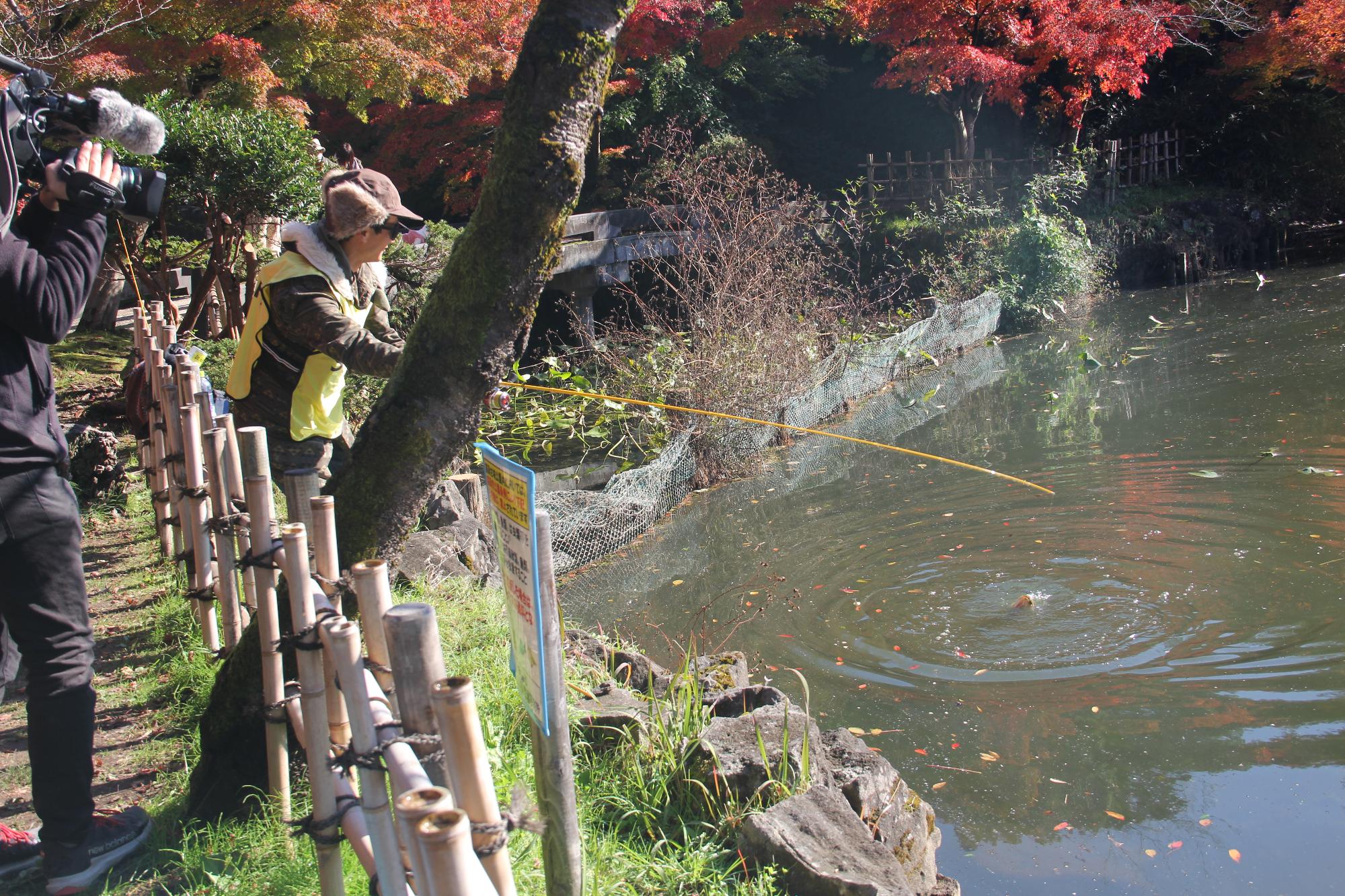 魚を釣り上げる釣り人の様子
