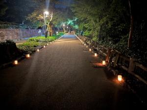 道端のキャンドルで照らされた、古城公園内「燈火の路」の写真