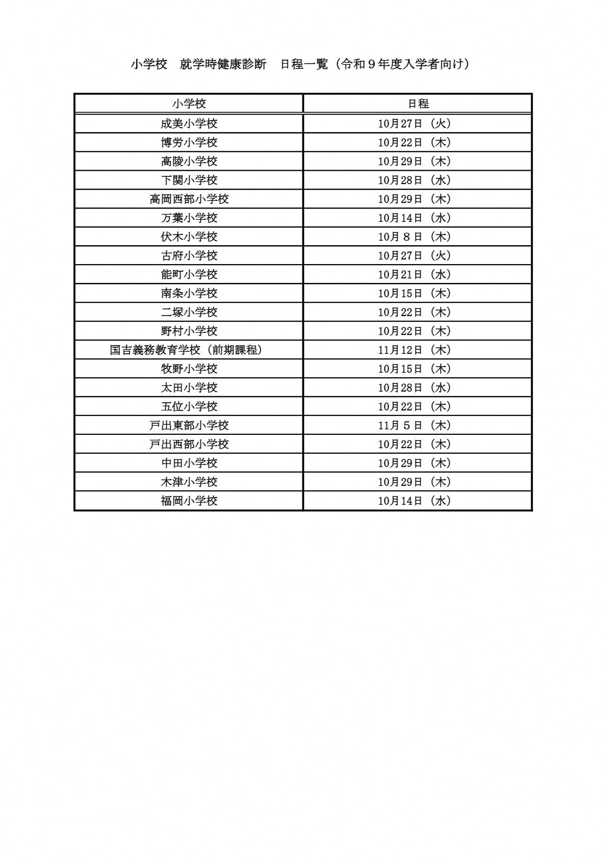令和9年度小学校入学者向け就学時健康診断の日程表