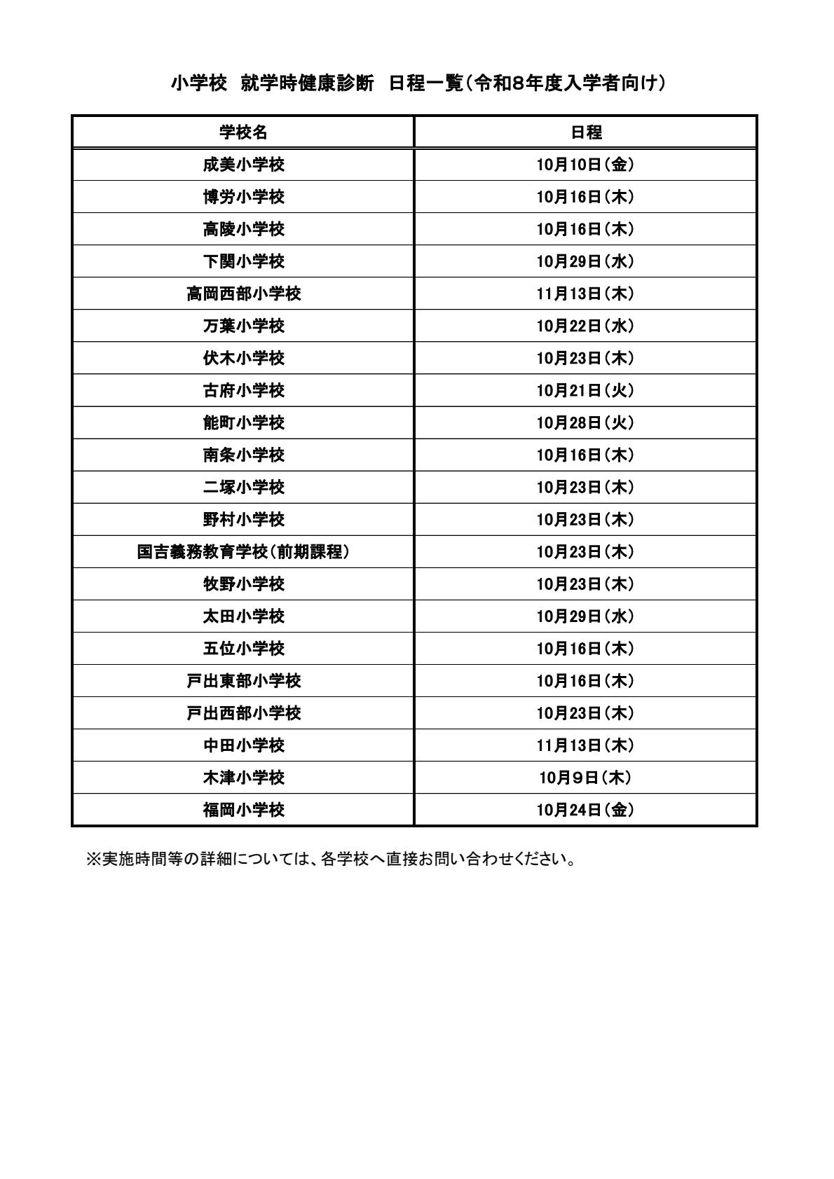令和8年度小学校入学者向け就学時健康診断の日程表