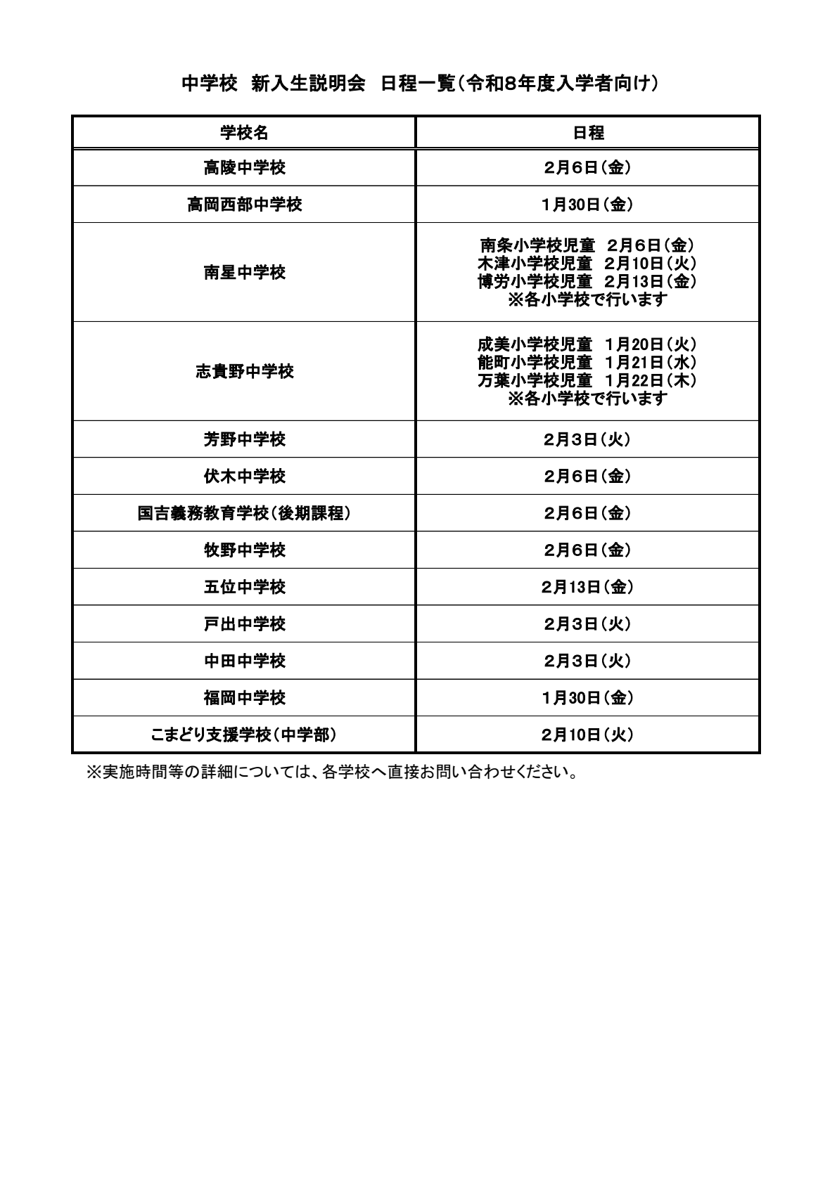 令和8年度入学予定者新入生説明会日程一覧
